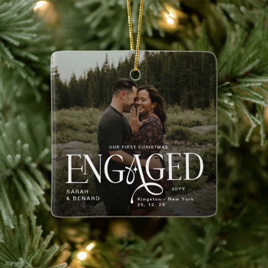 First Christmas Engaged Chic Couples 2 Photos Keramikornament (Baum)