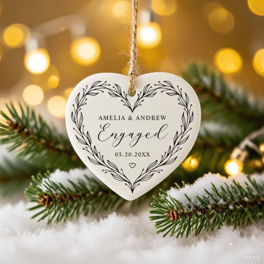 First Christmas Engaged Floral Botanical  Wreath Keramik Ornament