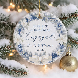 First Christmas Engaged Floral Wreath Photo Keramik Ornament