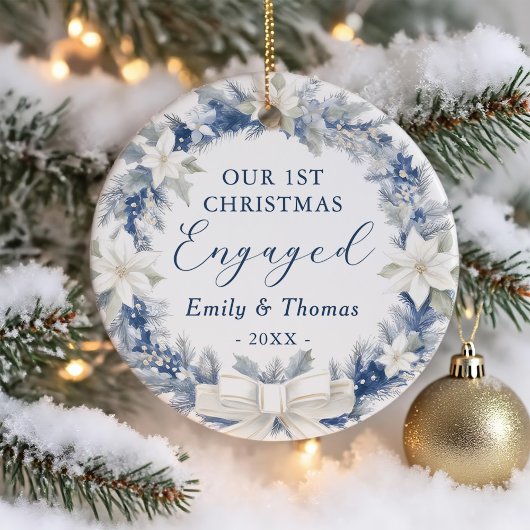 First Christmas Engaged Floral Wreath Photo Keramik Ornament