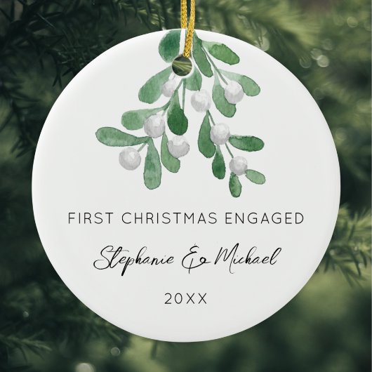 First Christmas Engaged Mistletoe Photo Keramik Ornament