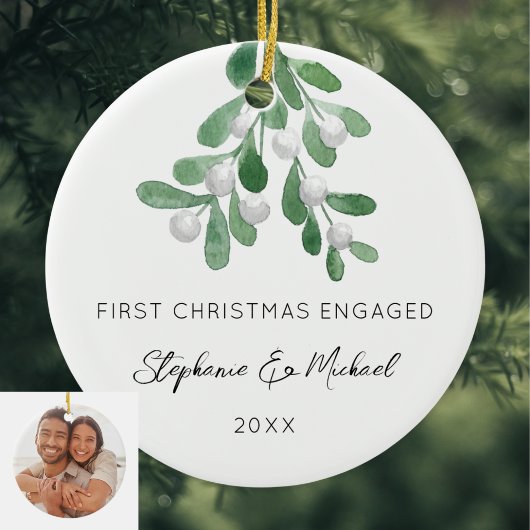 First Christmas Engaged Mistletoe Photo Keramik Ornament