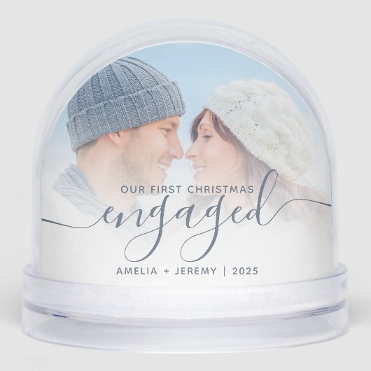 First Christmas Engaged Photo Dusty Blue Script Schneekugeln (Vorderseite)