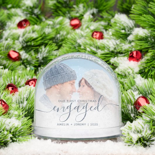First Christmas Engaged Photo Dusty Blue Script Schneekugeln (Weihnachten)