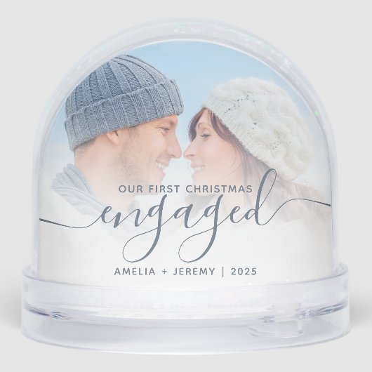 First Christmas Engaged Photo Dusty Blue Script Schneekugeln (Rückseite)