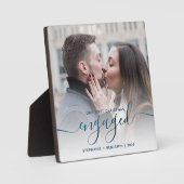 First Christmas Engaged Photo Metallic Blue Script Fotoplatte (Vorderseite)