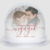 First Christmas Engaged Photo Red Script Schneekugeln (Vorderseite)