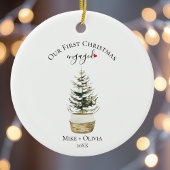 First Christmas Engaged Tree Gold Bows Ball Custom Keramik Ornament