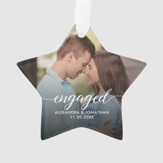 First Christmas Engaged White overlay Custom Photo Ornament (Rückseite)