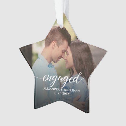 First Christmas Engaged White overlay Custom Photo Ornament (Vorderseite)