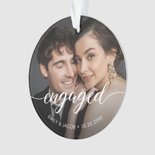 First Christmas Engaged White overlay Custom Photo Ornament (Vorderseite)