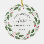 First Christmas Floral Greenery Wreath Keramik Ornament (Vorne)