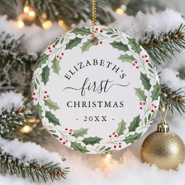 First Christmas Floral Greenery Wreath Keramik Ornament