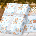 First Christmas Gingerbread Man Boy Blue Name Text Geschenkpapier<br><div class="desc">Weihnachtsverpackung mit einem niedlichen Lebkuchenmann,  Weihnachtsbaum,  Geschenke und Schneeflocken zum ersten Weihnachten oder zum ersten Weihnachtsgeburtstag eines kleinen Jungen mit dem Namen und zwei anderen verschiedenen Texten,  leicht personalisieren. Der hellblaue Hintergrund. Kate Eden Art</div>