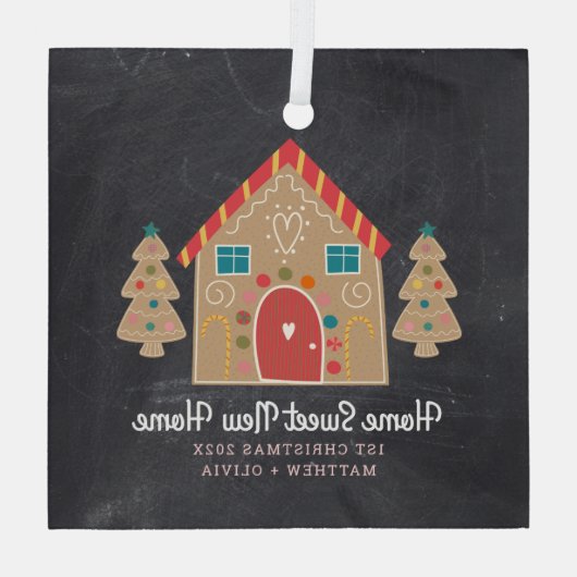 First Christmas Gingerbrett Neue Zuhause Chalkboar Ornament Aus Glas (Rückseite)