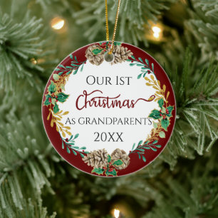First Christmas Grandeltern Holly Pine Cone Foto Keramik Ornament