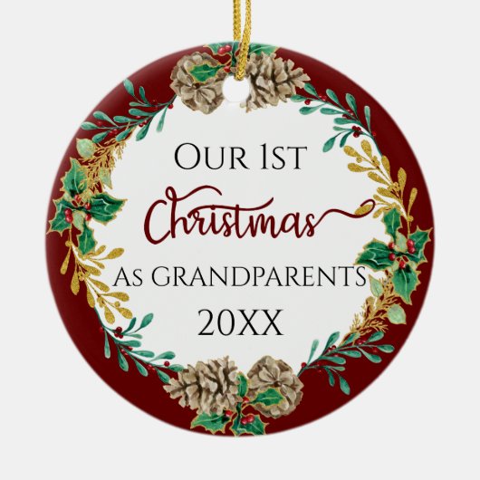 First Christmas Grandeltern Holly Pine Cone Foto Keramik Ornament (Vorne)