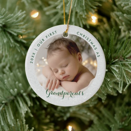 First Christmas Grandparents Green Script Photo Keramik Ornament (Baum)