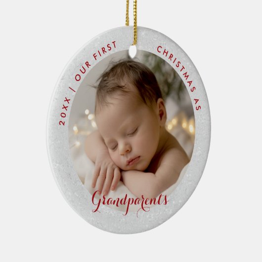 First Christmas Grandparents Red Script Photo Keramik Ornament (Rechts)