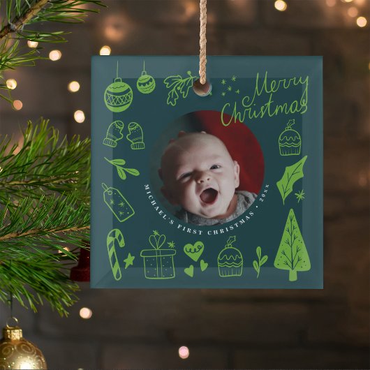 First Christmas Green Cute Hand Drawn Doodles Ornament Aus Glas