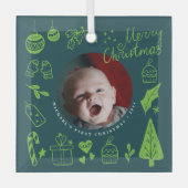First Christmas Green Cute Hand Drawn Doodles Ornament Aus Glas (Vorderseite)