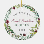 First Christmas Green Holiday Wreath Baby Foto Keramik Ornament (Hinten)