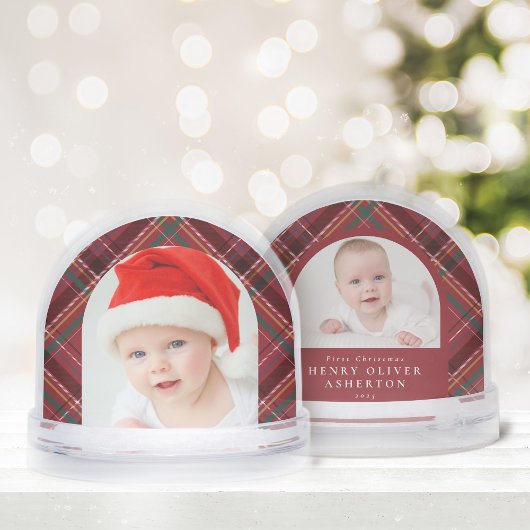 First Christmas holiday plaid two photo snow globe Schneekugeln