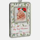 First Christmas Holly und Custom Foto Rahmen-Ornament Silber (Rechts)