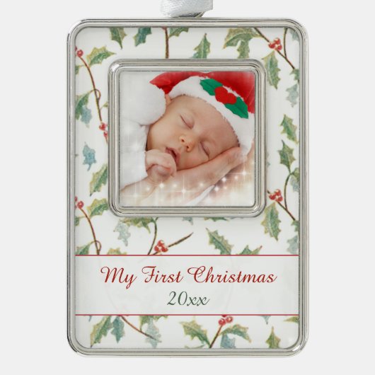 First Christmas Holly und Custom Foto Rahmen-Ornament Silber (Vorderseite)