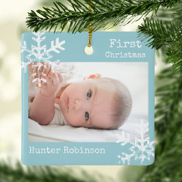 First Christmas Ice Blue Custom Foto Snowflakes Keramikornament