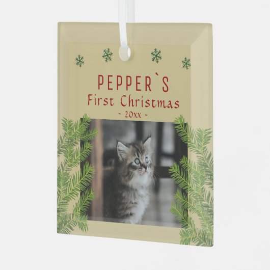 First Christmas Kitten Cine Pine Foto Keepake Ornament Aus Glas (Vorderseite links)