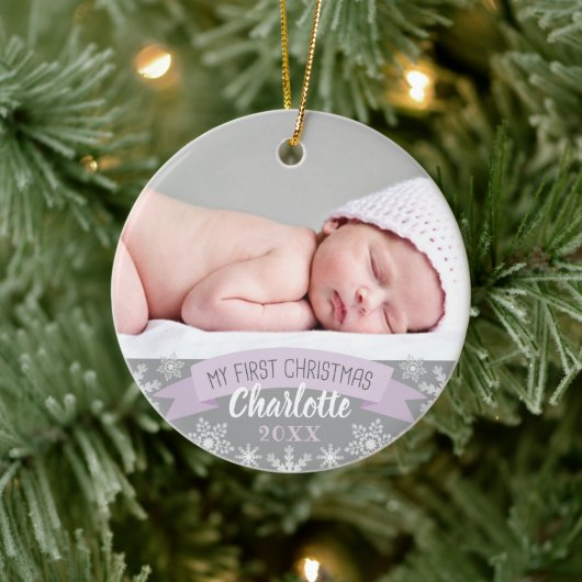 First Christmas Lavender Purple Baby Girl Foto Keramik Ornament (Baum)
