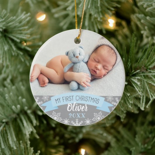First Christmas Light Blue Baby Boy Foto Keramik Ornament (Baum)