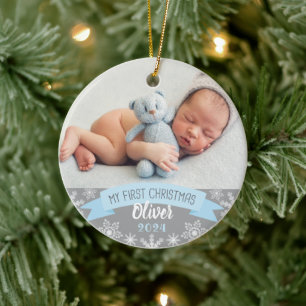 First Christmas Light Blue Baby Boy Foto Keramik Ornament