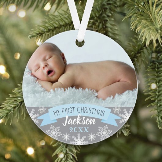 First Christmas Light Blue Baby Boy Foto Ornament
