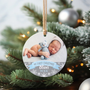 First Christmas Light Blue Baby Boy Foto Ornament