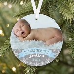 First Christmas Light Blue Baby Boy Foto Ornament<br><div class="desc">"Mein erstes Weihnachtsbanner" und das Schneeflocken-Foto-Ornament-Design können mit dem Namen und Geburtsjahr des Babys personalisiert werden. Enthält ein zweites Foto auf der Rückseite. Hellblau,  grau und weiß.</div>