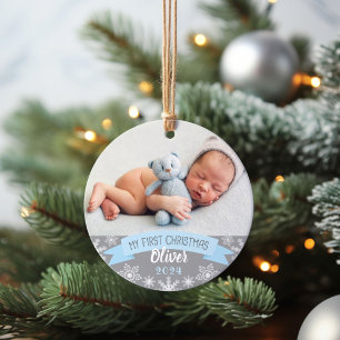 First Christmas Light Blue Baby Boy Foto Ornament