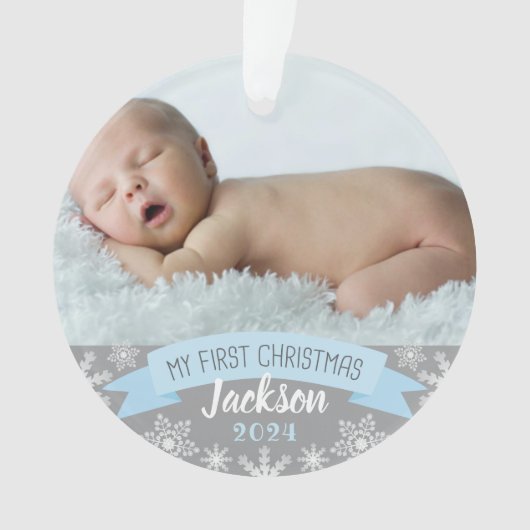 First Christmas Light Blue Baby Boy Foto Ornament (Vorderseite)