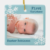 First Christmas Light Blue Navy Foto Snowflakes Keramikornament (Vorderseite)