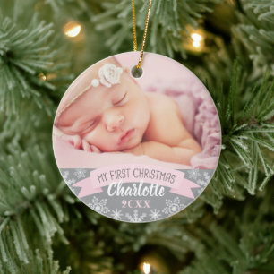First Christmas Light Pink Baby Girl Foto Keramik Ornament