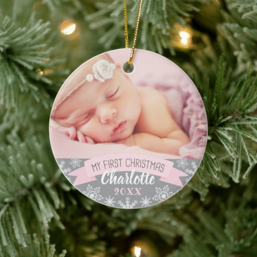 First Christmas Light Pink Baby Girl Foto Keramik Ornament (Baum)