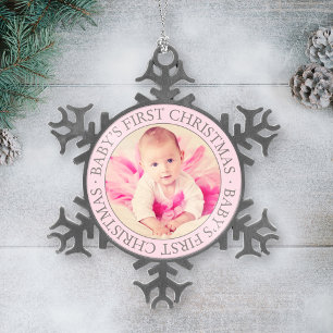 First Christmas Light Pink Custom Baby Girl Foto Schneeflocken Zinn-Ornament