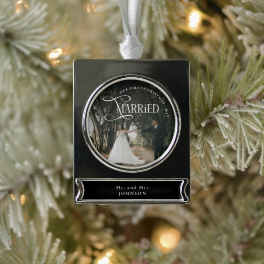First Christmas Married Mr & Mrs Couples Photo  Banner-Ornament Silber (Baum)