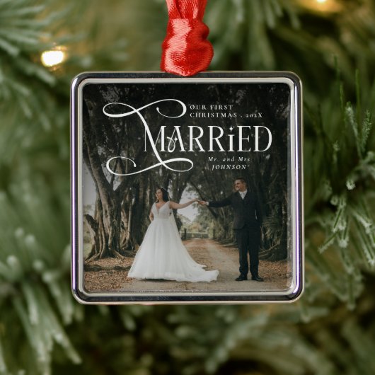 First Christmas Married Mr & Mrs Couples Photo  Ornament Aus Metall (Baum)