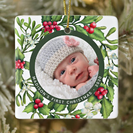 First Christmas Mistletoe Wreath Custom Baby Foto Keramikornament