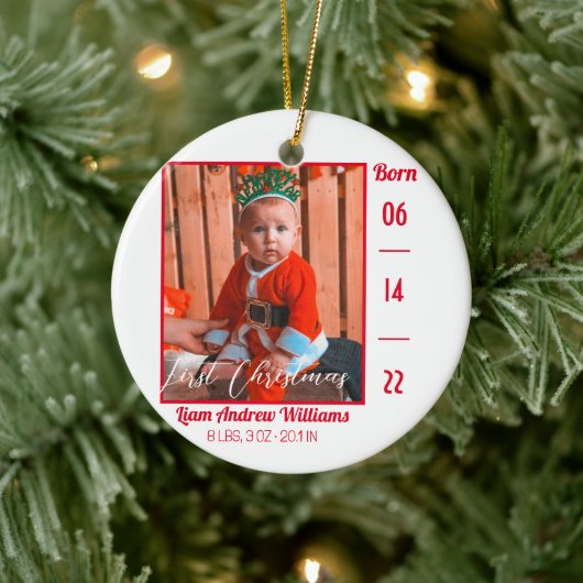 First Christmas Modern Baby Birth Stats Foto Keramik Ornament (Baum)