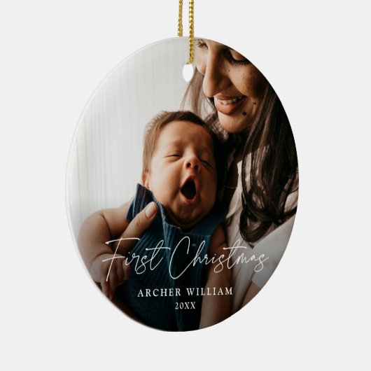 First Christmas Modern Handgeschriebenes Baby Foto Keramik Ornament (Rechts)