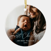 First Christmas Modern Handgeschriebenes Baby Foto Keramik Ornament (Vorne)
