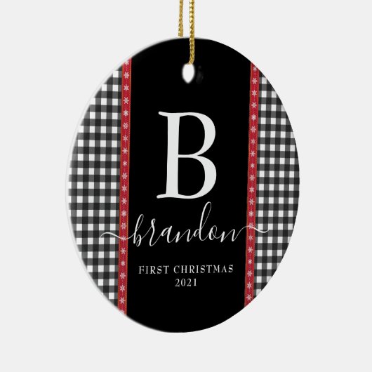 First Christmas Monogram Baby Name Buffalo Kariert Keramik Ornament (Rechts)